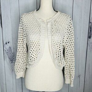 Elle Womens Open Front Crochet Cardigan Sweater Beige Sz M Short